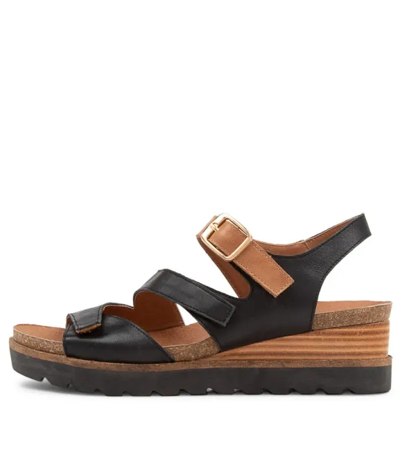 Women DJANGO & JULIETTE Wedges | Babette Black Tan Leather Sandals