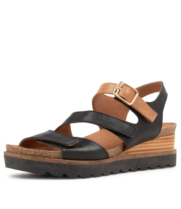 Women DJANGO & JULIETTE Wedges | Babette Black Tan Leather Sandals