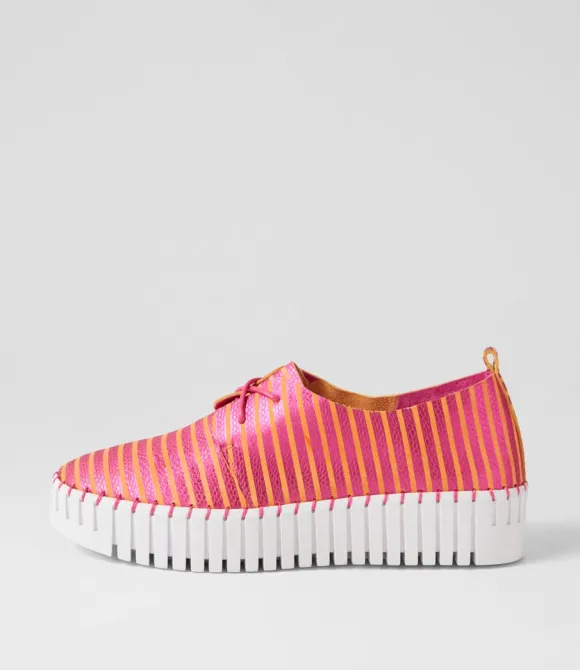 Women DJANGO & JULIETTE Wedges | Brenda Fuchsia Orange Stripe Leather Sneakers