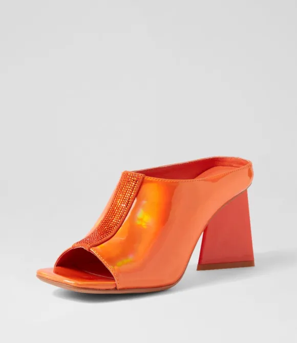 Women DJANGO & JULIETTE Heels | Halley Orange Mirror Patent Mules