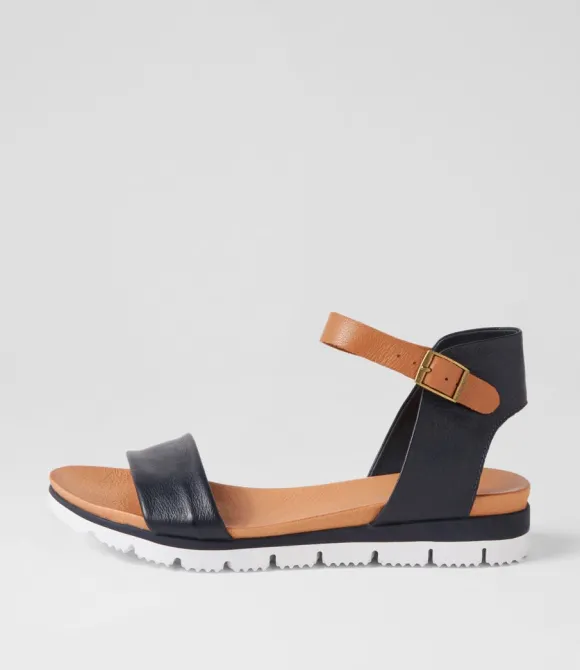 Women DJANGO & JULIETTE Wedges | Londona Navy Dark Tan Leather Sandals