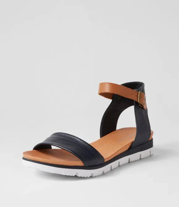 Women DJANGO & JULIETTE Wedges | Londona Navy Dark Tan Leather Sandals